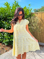Yellow Bubble Cotton Leopard Dress Crystal