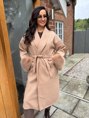 Camel Luxury Faux Fur Cuffed Coat Valentina