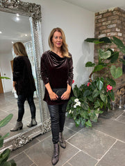 Chocolate Velour Cowl Neck Sparkle Top Olivia