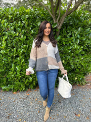 Grey Colour Block chunky Cardigan Elice