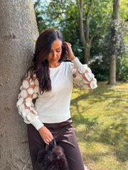 Cream Applique Mesh Sleeve Knit Celine