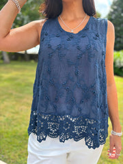 Navy Floral Lace Hem Vest Dina