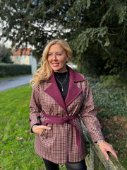 Wine Checked Belted Jacket Clementine