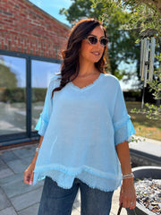 Blue Frayed Detail V Neck Top River