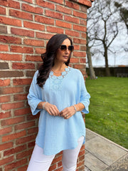 Light Blue Boho Daisy Bubble Cotton Top Skye