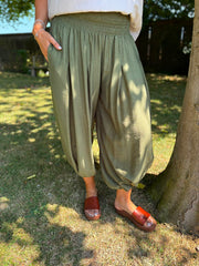 Khaki Smocked Waist Hareem Trousers