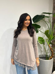 Mocha Ruched Lace Trim Top Janet
