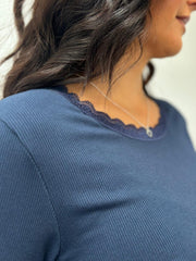 Navy Ribbed Lace Trim Top Madeline