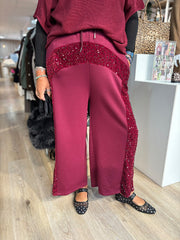 Wine Cropped Sequin Panel Wide Leg Trousers