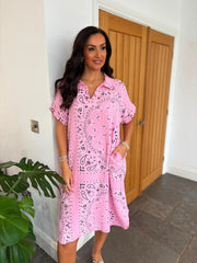 Candy Pink Bubble Cotton Paisley Shirt Dress Jane