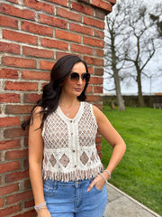 Mocha Crochet Fringe Waistcoat Jan