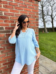 Light Blue Boho Daisy Bubble Cotton Top Skye
