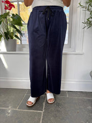 Navy Pull On Wide Leg Velour Trousers