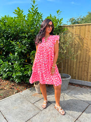 Pink Bubble Cotton Leopard Dress Crystal