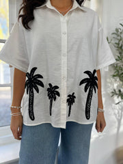 White Tropical Palm Embroidered Blouse Anya