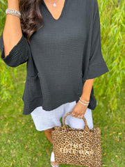 Black Bubble Cotton Pocket Blouse Carol