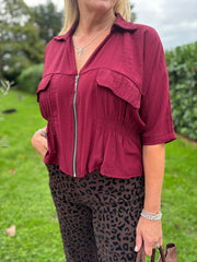 Wine Ruched Waist Jacket Misty