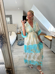 Blue Tiered Golden Leaf Kaftan Dress Molly