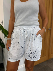 White Paisley Bubble Cotton Shorts