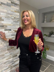 Wine Cropped Velour Jacket