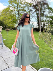 Khaki Frill Sleeve Bubble Cotton Dress Mae