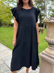 Black Frill Sleeve Bubble Cotton Dress Mae