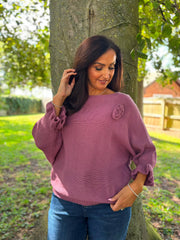 Mauve Applique Ruffle Sleeve Knit Crystal