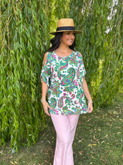 Green Paisley Cold Shoulder Top Suzie