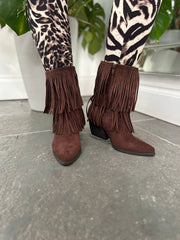 Chocolate Fringed Faux Suede Ankle Boots