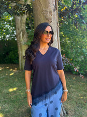 Navy Asymmetric Lace Hem Top Wendy