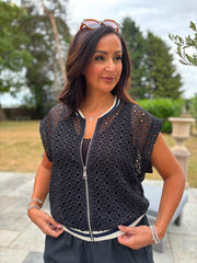 Black Eyelet Crochet Sleeveless Jacket Sharon