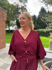 Wine Ruched Pebble Button Top Kate