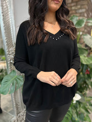 Black Diamante V Neck Knit Tori