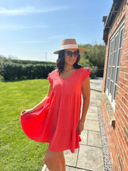 Coral Frill Sleeve Bubble Cotton Dress Alison