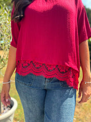 Red Asymmetric Lace Trim Top Maria