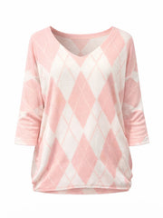 Peach V Neck Argyle Print Top Izzy