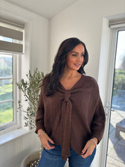Chocolate Knitted Tie Front Jumper Libby