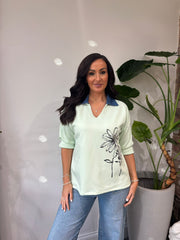 Mint Collared Flower Sweatshirt Angel