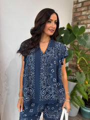 Navy Bubble Cotton Paisley Top Sammie