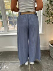 Denim Tailored Wide Leg Pinstripe Trousers