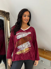 Wine Chenille Leopard V Neck Sweatshirt Elle