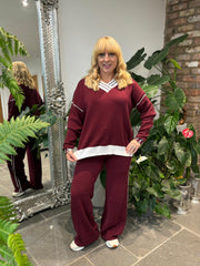 Wine Striped V Neck Sweater Set Pam