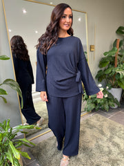 Navy Textured Trousers Set Liora