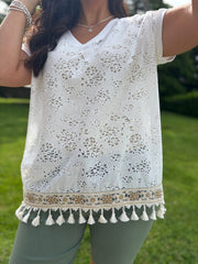 White Floral Lace Tassel Hem Top Gabby