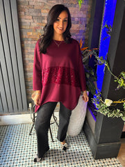 Wine Sequin Panel Sweat Top Mandy