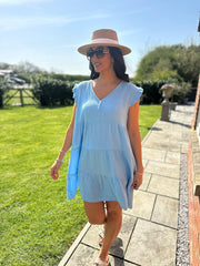 Blue Frill Sleeve Bubble Cotton Dress Alison