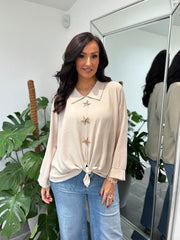 Stone Brooch Tie Front Blouse Megan