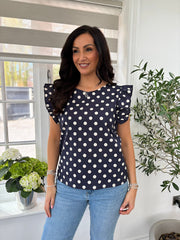 Navy Polka Dot Frill Sleeve Top Bailey