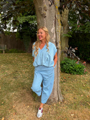 Blue Gathered Hem V Neck Top Willa