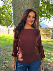 Chocolate Applique Ruffle Sleeve Knit Crystal